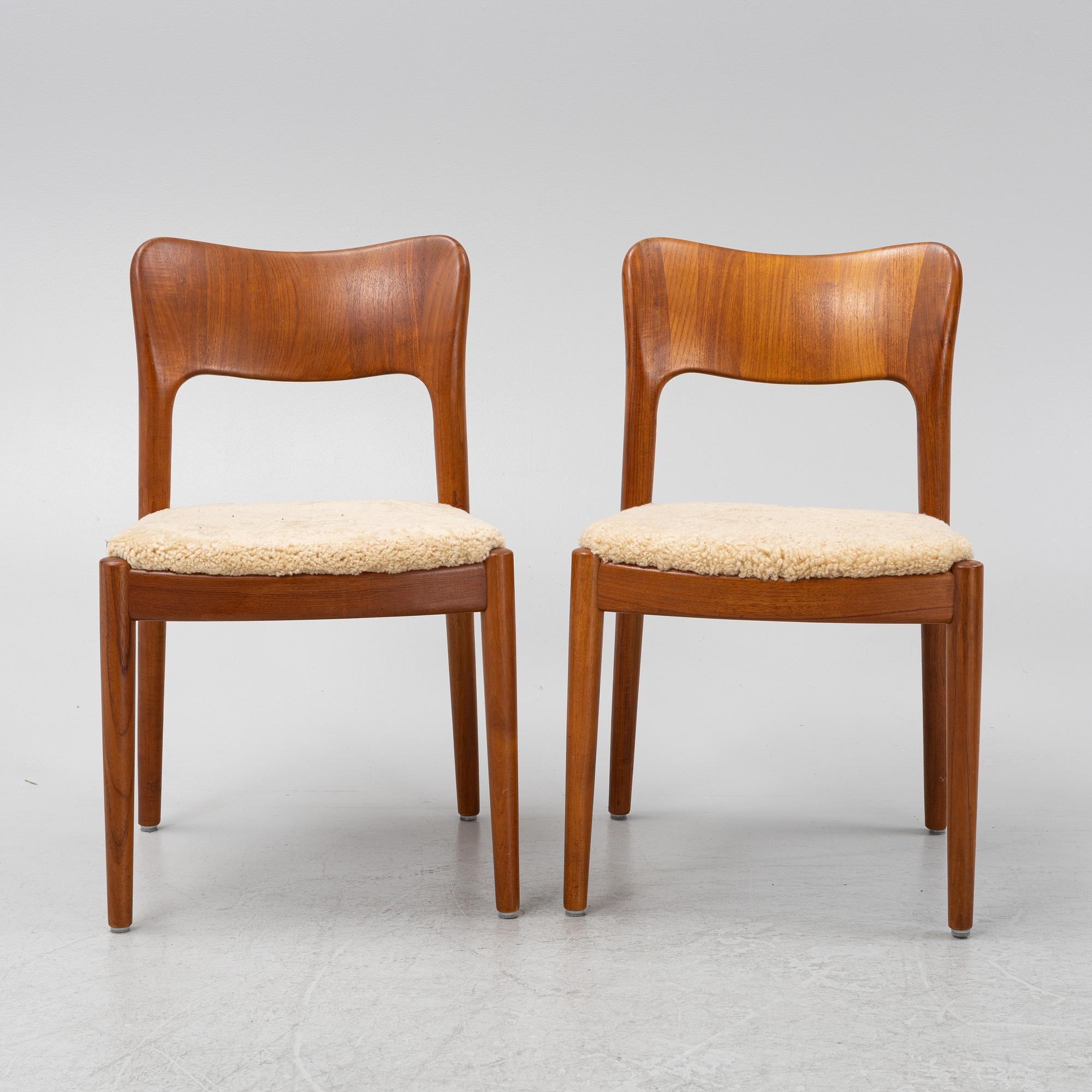 A set of six teak dining chairs upholstered in new sheepskin by Niels Koefoed, Denmark, 1960's.