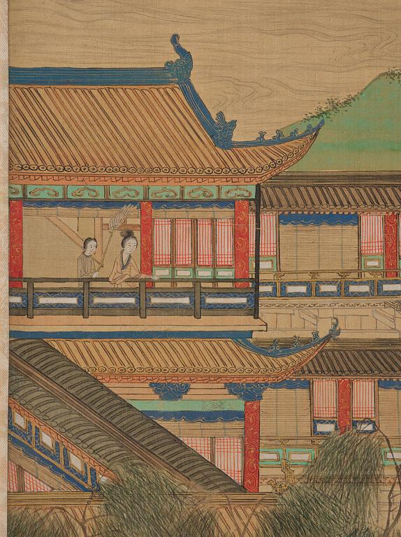 A Chinese scroll painting, ink and colour on silk, late Qing dynasty after Qiu Ying.