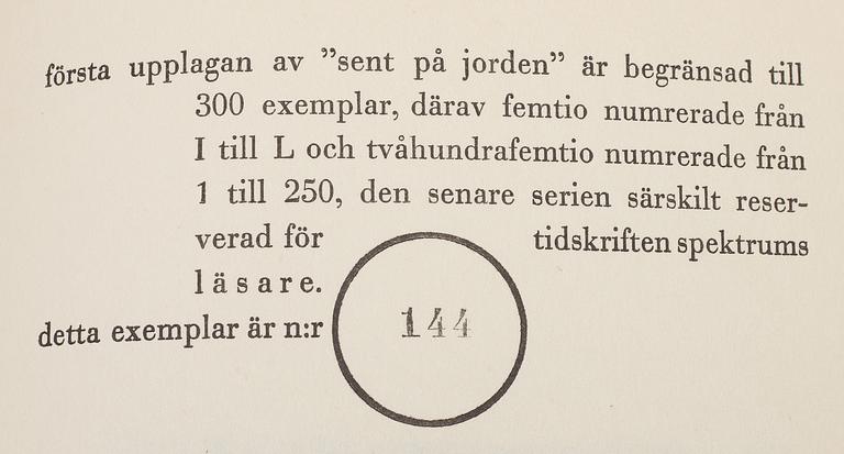 BOK, Gunnar Ekelöf: Sent på jorden. Dikter, Stockholm, 1932.