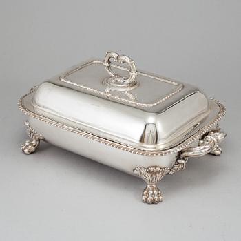 An English 19th century silver plated entrée dish and heater base.