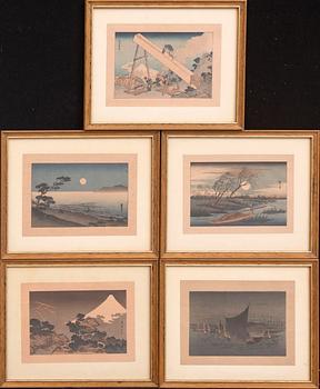 Ando Utagawa Hiroshige after et al, five Color woodcut prints, Japan 20th Century.