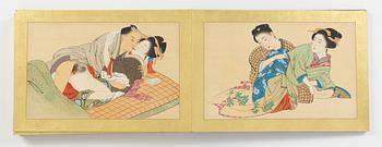 Shungalbum, 12 motiv, färg och tusch på siden. Japan, Meiji (1868-1912).