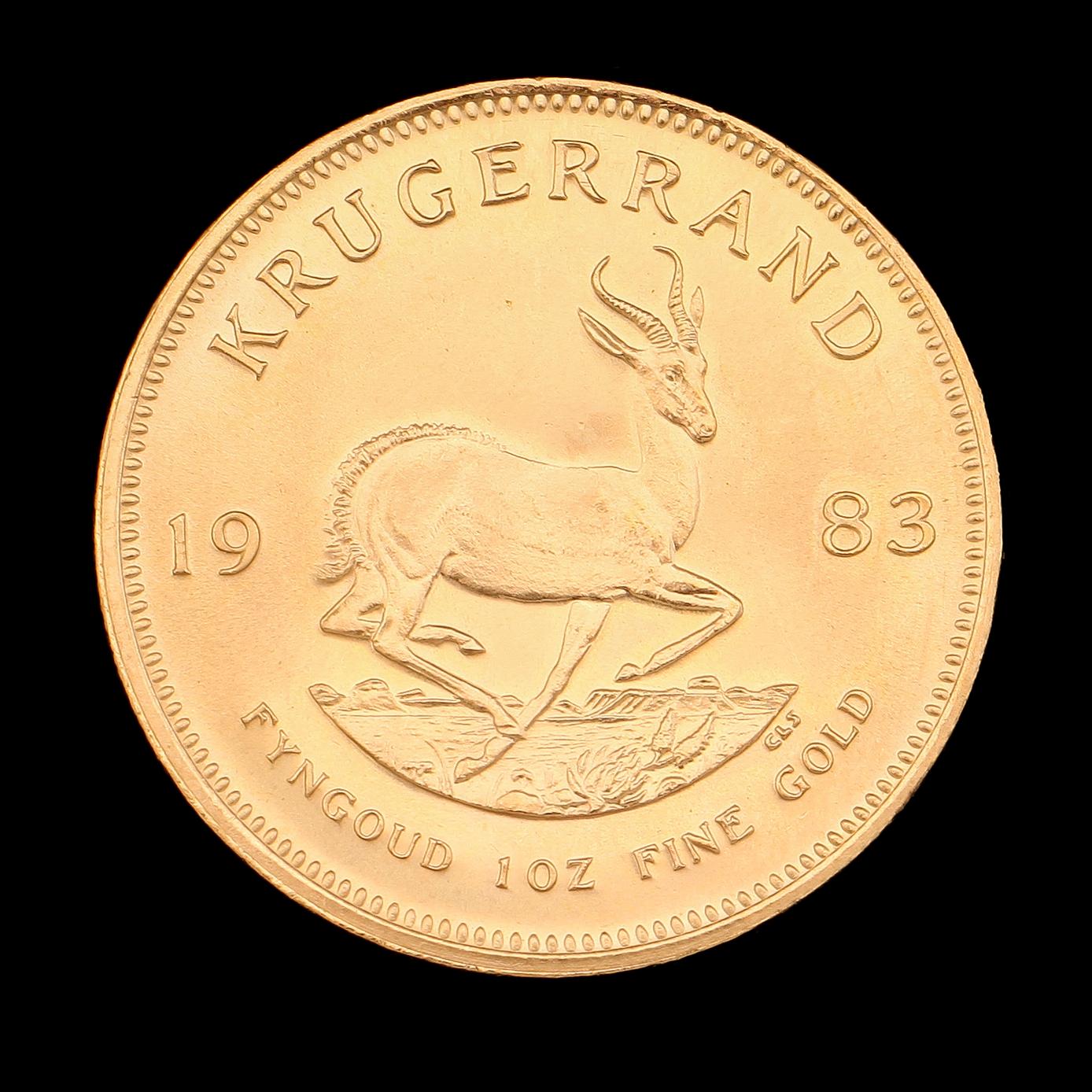 GULDMYNT, finguld, Krugerrand, Sydafrika, 1983. Vikt ca 34 g.