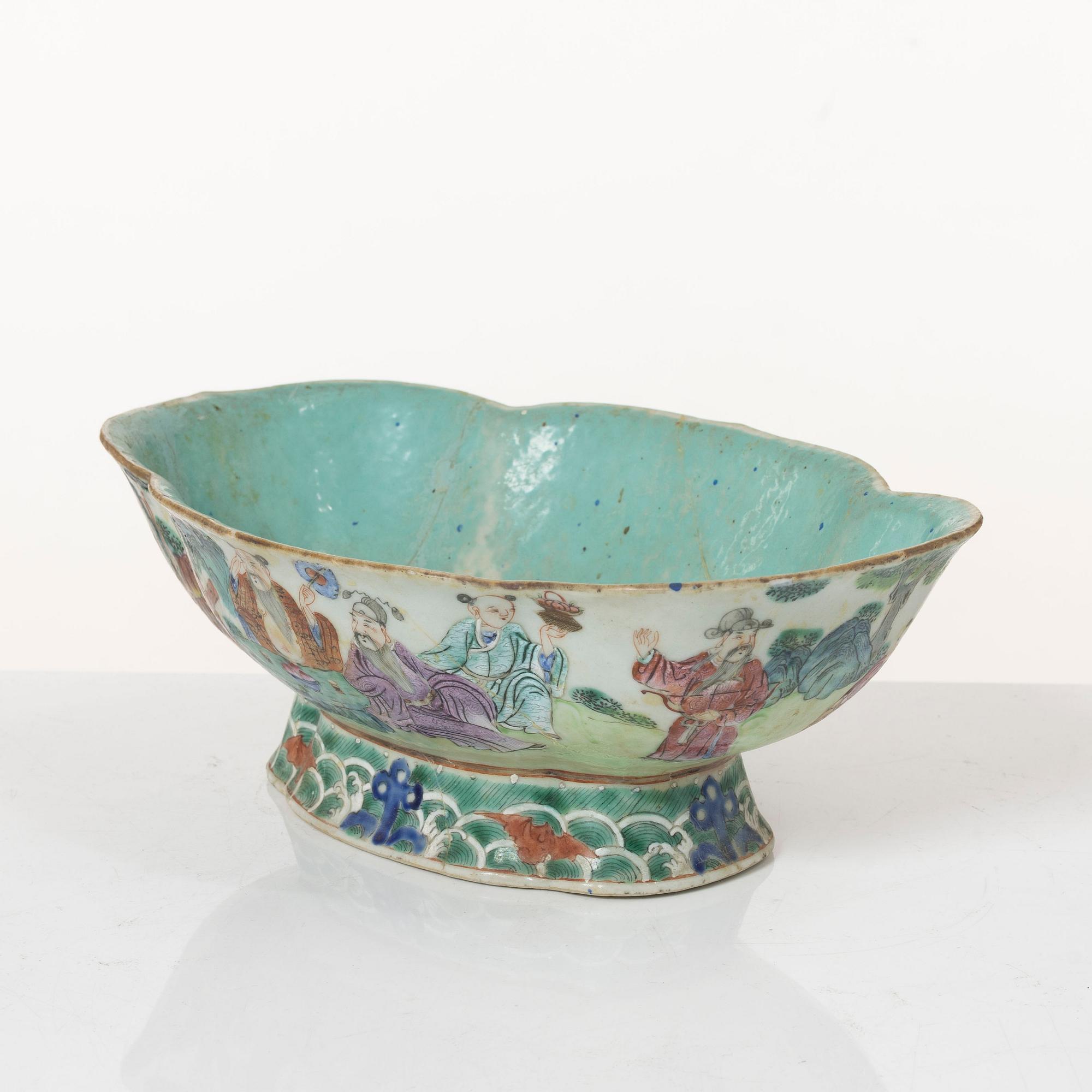 A set of five famille rose tea cups, Qing dynasty, 18th century and a bowl, Qing dynasty, 19th century.