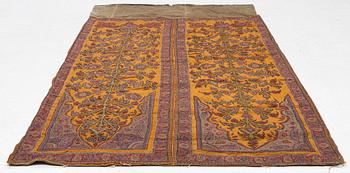 Embroidery, a pair, semi-antique Pateh Kirman, approx. 122 x 190 cm in total.