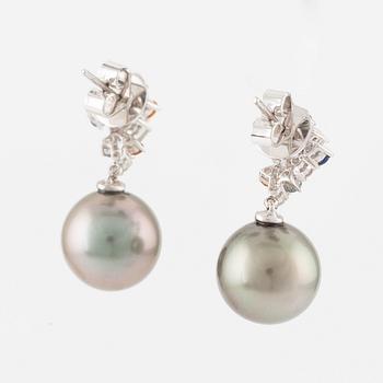 Earrings, a pair with cultured South Sea pearls, multi-coloured sapphires, and baguette and brilliant-cut diamonds.