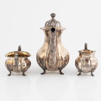 Kaffeservis, 3 delar, silver, möjligtvis Norge, med svenska importstämplar 1900-talets mitt.