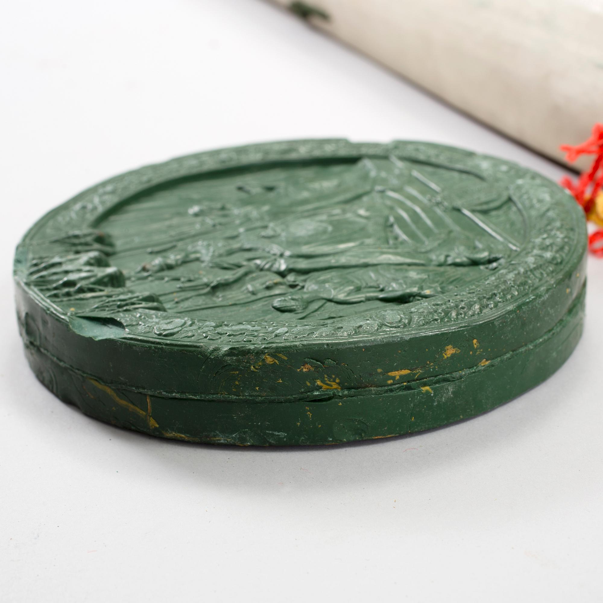 A British letter of patent with wax seal conferring upon Sir Henry Wheatley (1777-1852) the title and rank of Baronet.