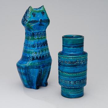 A Rimini blue ceramic sculpture and a vase by Aldo Londi for Bitossi, Italy early 1960s.