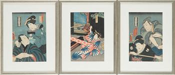 Utagawa Kunisada (Toyokuni III), Japanese woodblock prints, 3 pcs.