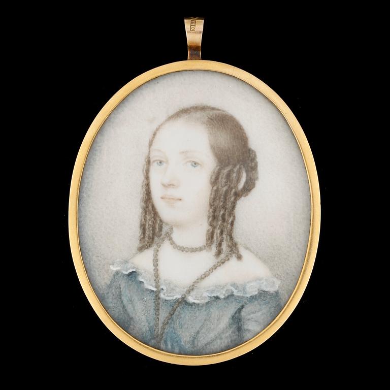 OKÄND KONSTNÄR, miniatyr, gouache, ram 18k guld, smed sannolikt Conrad Thulin, Landskrona (verksam 1822-1855).