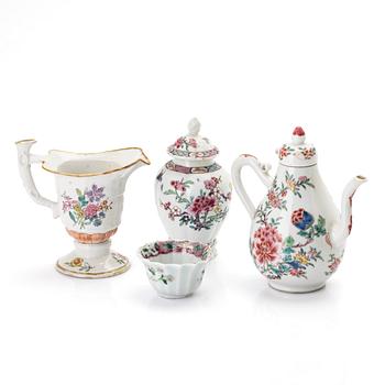 A group of two jugs, a cup and a jar with cover, famille rose porcelain, China, Qing dynasty, 18th century.