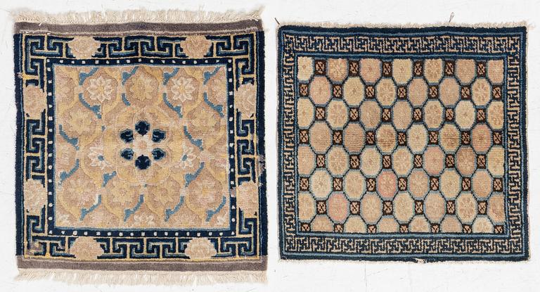 Two antique Ningxia meditation rugs, Qing dynasty, 19th century. c. 67 x 72 and 71 x 73 cm.