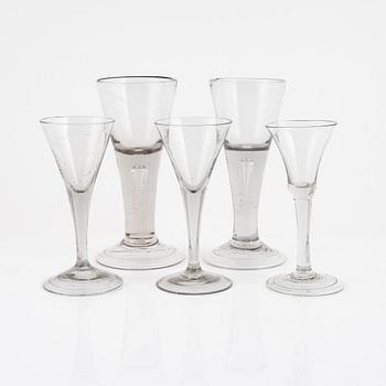 A group of five wineglasses, 19th/20th century.