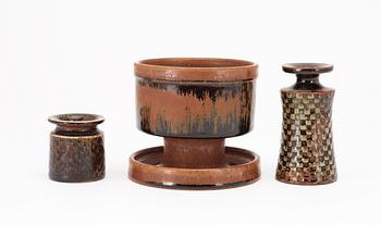 Two Stig Lindberg stoneware vases and a bowl, Gustavsberg studio 1964-1968.
