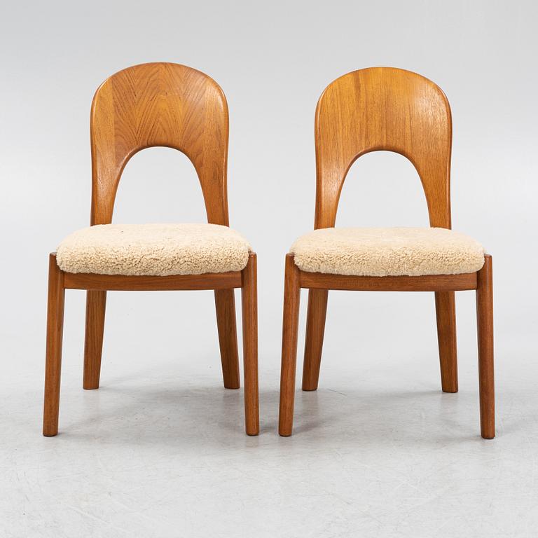 Niels Koefoed, six teak dining chairs upholstered in new sheep skin, Denmark, 1960's.