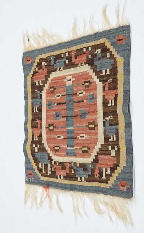 Märta Måås-Fjetterström, a textile, "Hönsen", flat weave, ca ca 56-56,5 x 64,5-65,5 cm, signed MMF.