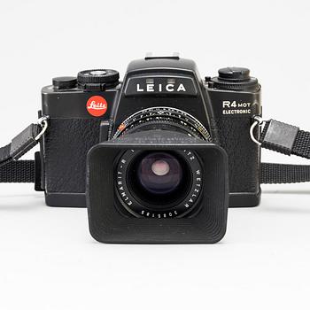 a black body Leica R4 camera with no 1538800, made in 1980. With Elmarit R 1:2,8 28mm.