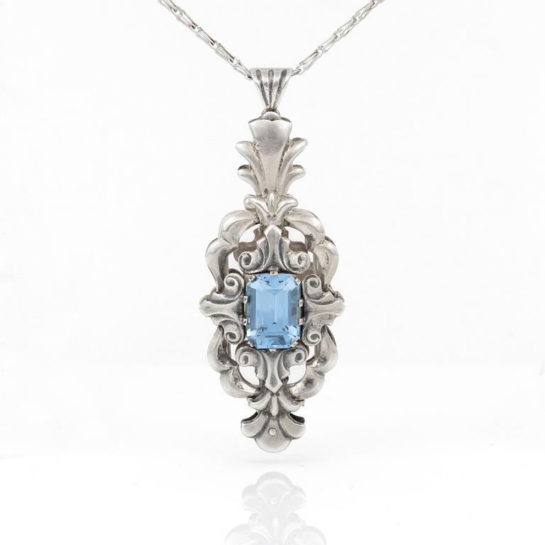 LORNJETT samt KEDJA, silver med blå spinell ca 9,69 ct, Viktor Jansson, Lindesberg, 1948.