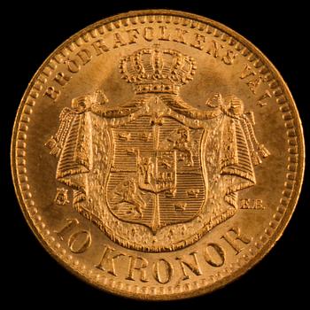 GULDMYNT, 10 kronor, Oscar II, 1901. Vikt 4 gram.