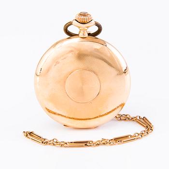 A 14 K gold pocket watch with chain, marked J. Calame Robert. Mid 20 th century. 55 mm.