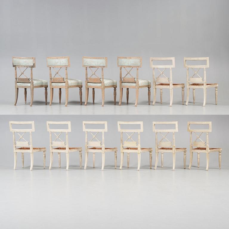 Twelve (8+4) late Gustavian early 19th century chairs. Eight chairs missing upholstery.