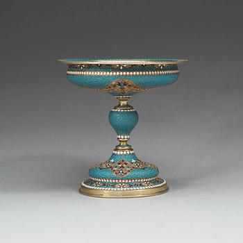 A Russian 19th century silver-gilt and enamel tazza, makers mark of Gustav Klingert, Moscow 1895.