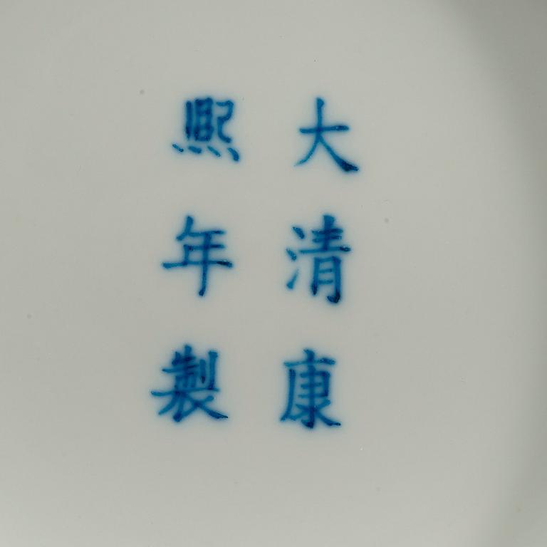 A blue and white lotus dish, Republic (1912-49) with Kangxi six character mark.