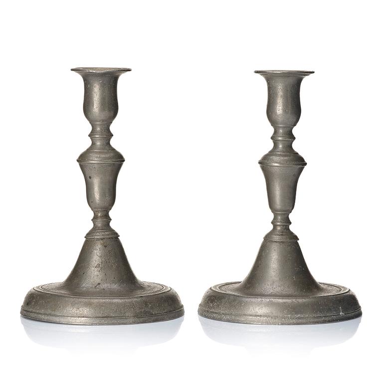 A pair of pewter candlesticks attributed to Johan Kruth 1772.