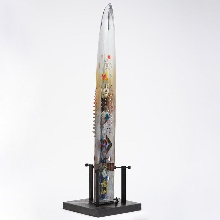 Bertil Vallien, a sand cast glass sculpture of a standing half-boat, Kosta Boda, Sweden.