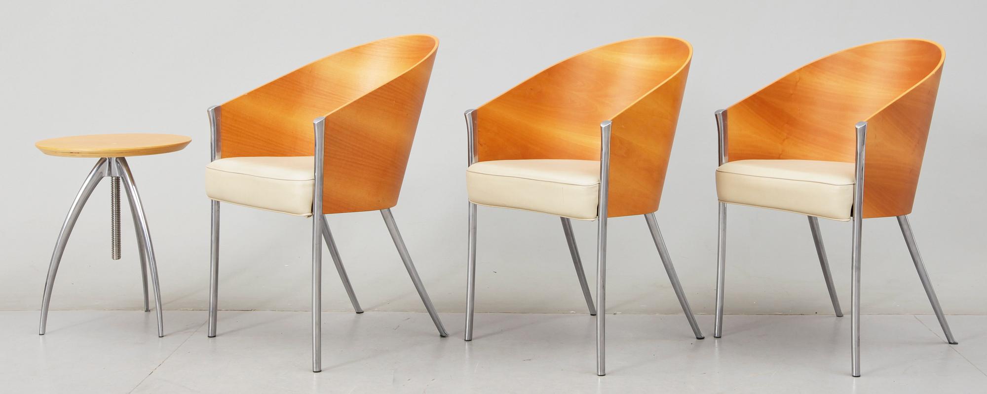 STOLAR, 3 st samt BORD, "Costes", Philippe Starck, Aleph, Driade. Italien.