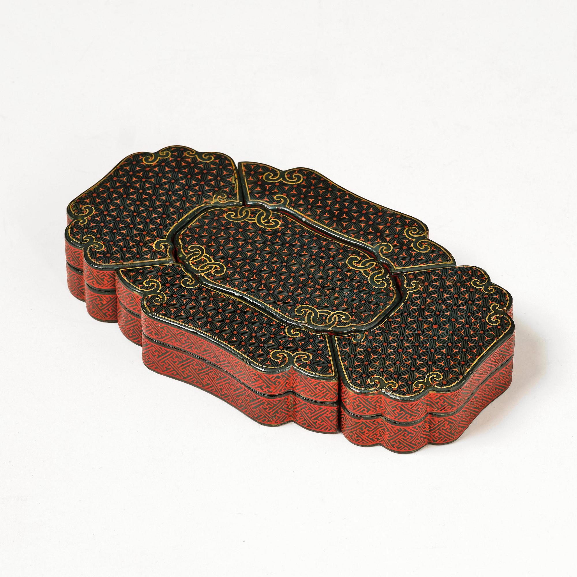 A fine carved lacquer box and cover with tianqi lacquer inset boxes and covers, Qing dynasty, Qianlong (1736-95).