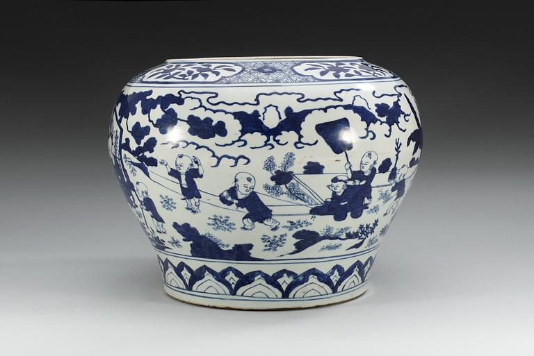 A large blue and white 'boys' jar, Ming dynasty, Jiajing´s six characters mark and of the period (1522-1566).