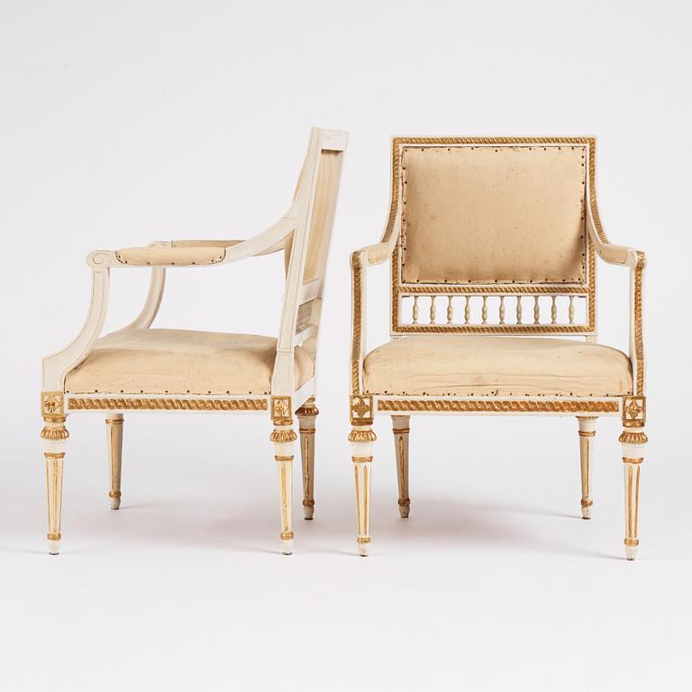 A pair of Gustavian open armchairs by J. Lindgren (master in Stockholm 1770-1800).