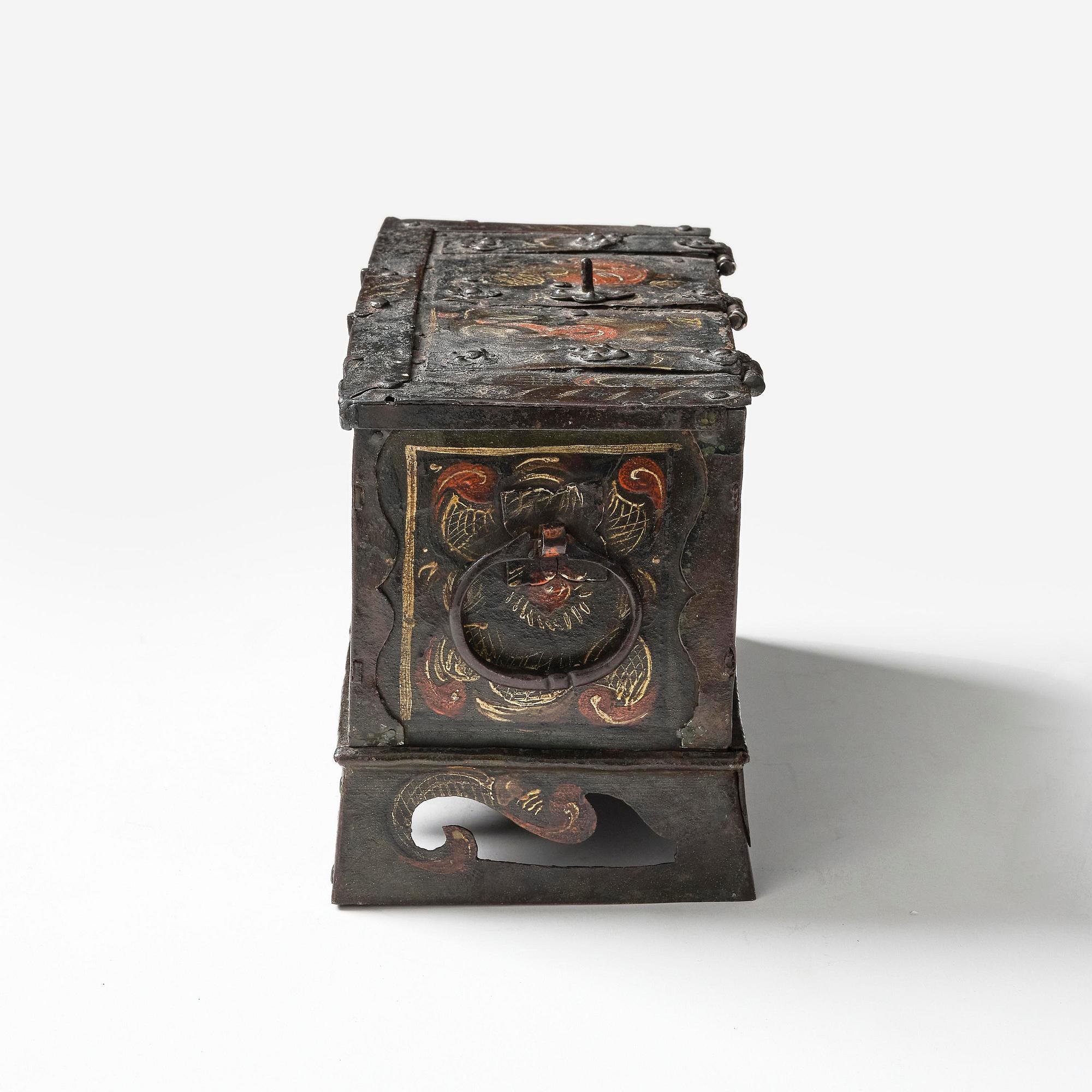 A South German presumably Nuremberg polychrome-painted wrought baroque iron casket, 17th century.