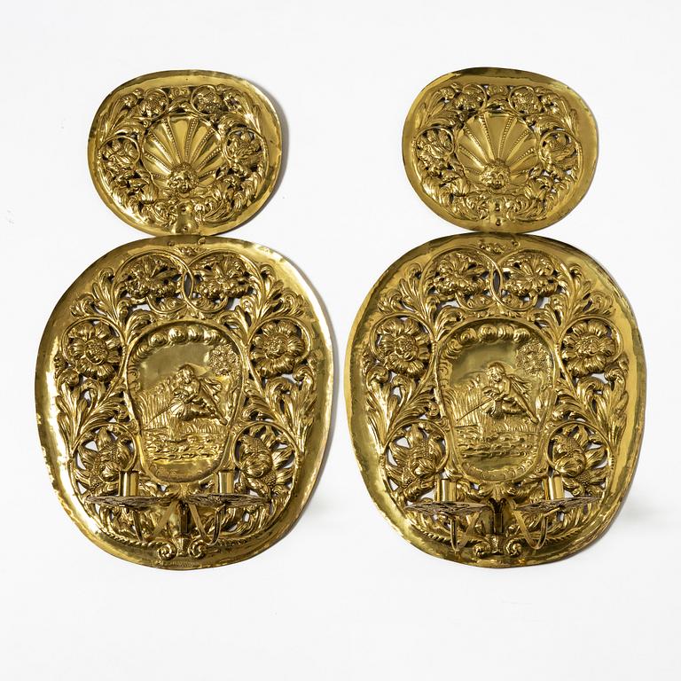 A pair of  Swedish Baroque style brass light plates, Johan F Hellström, Nyköping around the year 1900.