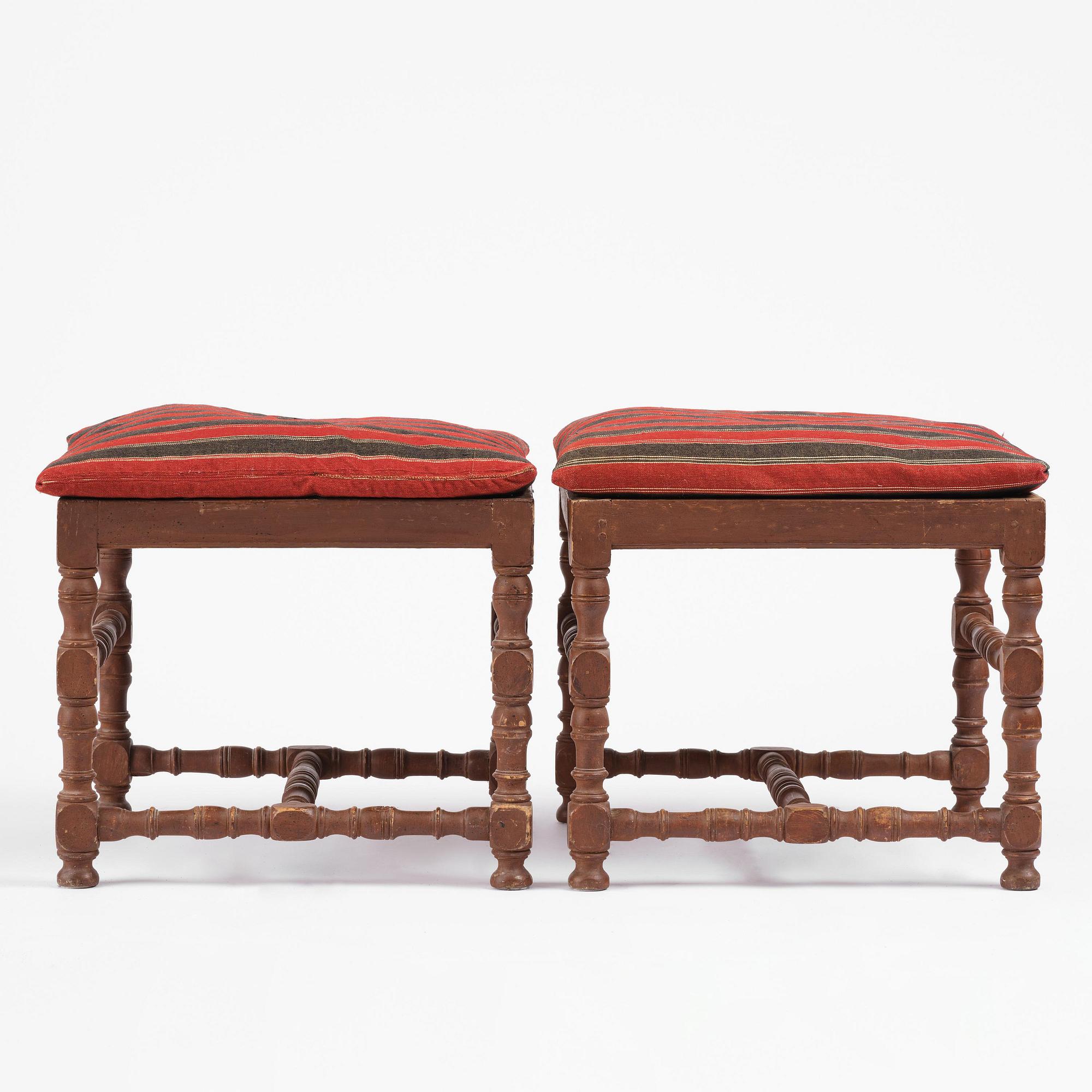 A pair of Swedish baroque stools, circa 1700.