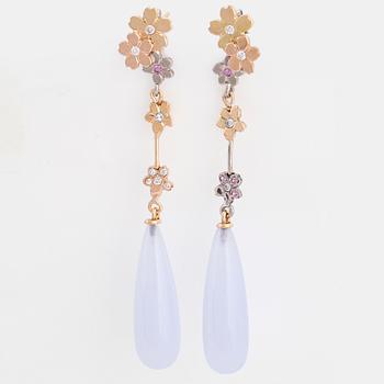 Blue chalcedony drop, pink sapphire and brilliant-cut diamond earrings.