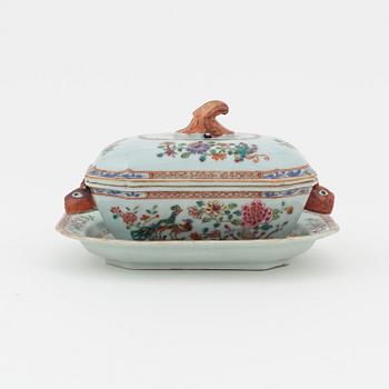 A famille rose 'double peacock' butter tureen with cover and stand, Qing dynasty, Qianlong (1736-95).