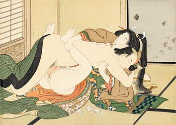 KONSTNÄR FRÅN UTAGAWA SKOLAN,
Shunga album, Japan, sen Edo (1603 - 1868) eller Meiji (1868-1912).
12 målningar på siden.