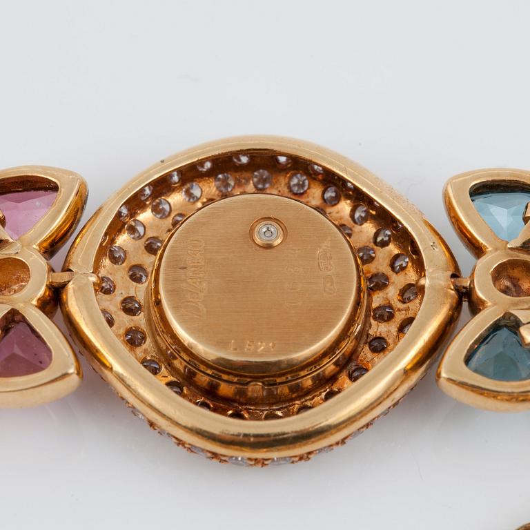 A DeLaneau ladies wristwatch set with brilliant-cut diamonds, pink topaz and aquamarine.