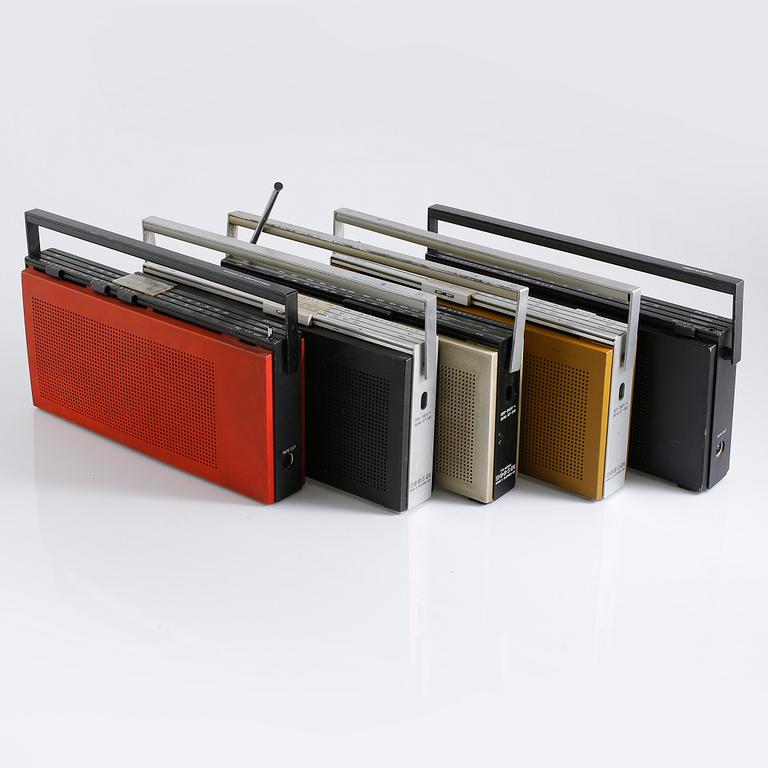 Five radios called Beolit 600/707 by Bang &Olufsen from Denmark from the second part of the 20th century.