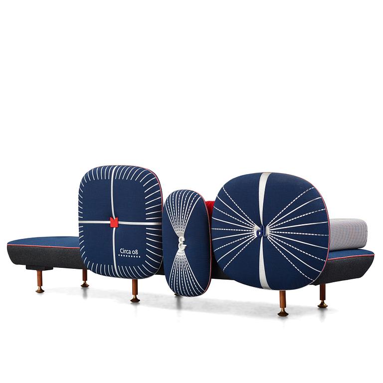 Nipa Doshi & Jonathan Levien, a "My Beautiful Backside" sofa, Moroso, Italy, post 2008. Dressed in anthracite grey and blue textiles. Loose armres...