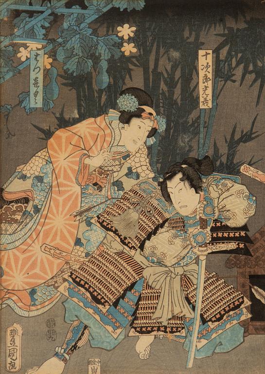 Utagawa Kunisada, triptyk, färgträsnitt. Japan, 1800-tal.