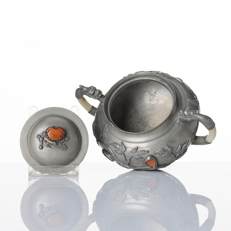 A five piece stone inlayed pewter tea service, China, early 20th century.