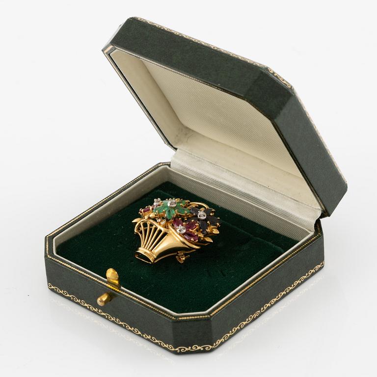 Brooch 18K gold set with round brilliant-cut diamonds as well as emeralds, sapphires, and rubies.