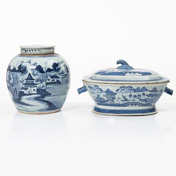 A blue and white tureen with cover, and a blue and white pot, porcelain, China, Qing dynasty 19th century.