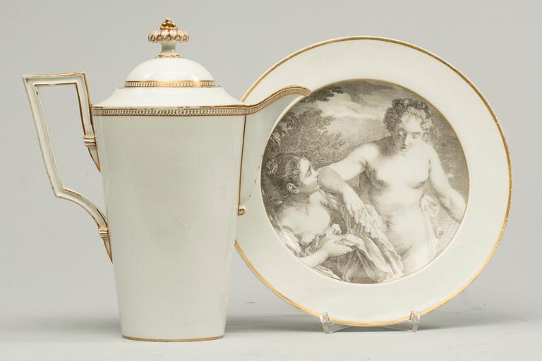 KAFFEKANNA samt TALLRIK, porslin, okänd tillverkare resp Meissen, Marcolinis-period(1774-1814).