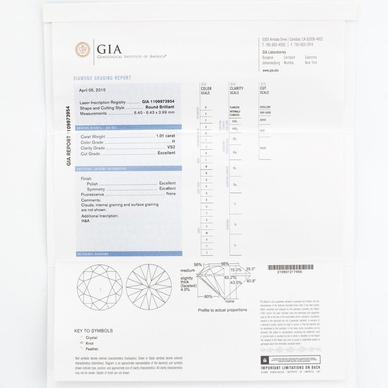 Round brilliant-cut diamond ring, De Beers, with GIA-certificate.