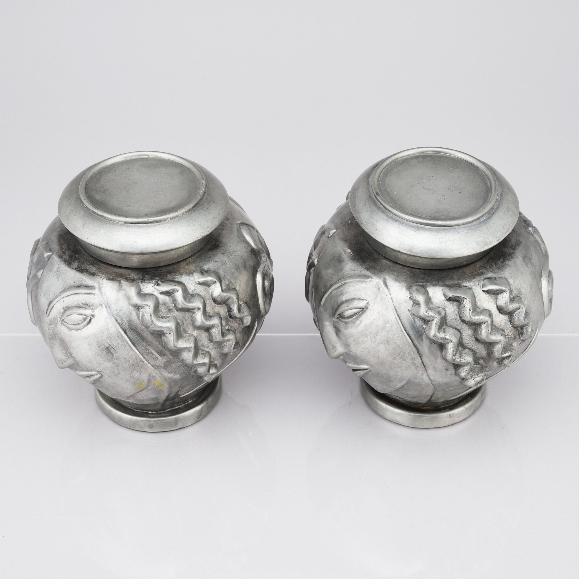 Anna Petrus, a pair of lidded pewter 'Profilvasen' jars, Svenskt Tenn, Stockholm 1980.